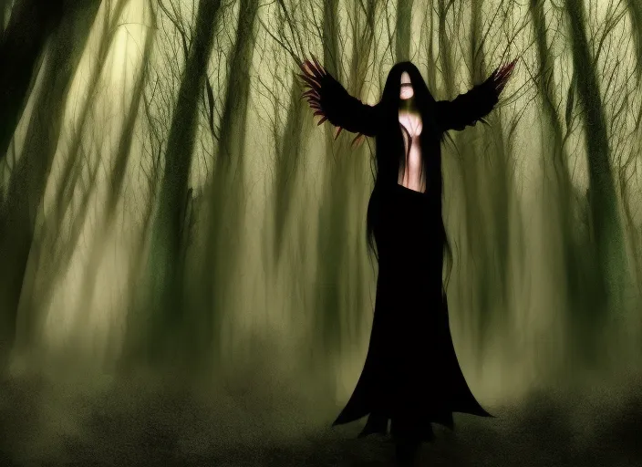 beautiful gothic vampire girl, long black hair, dance, insane, scary forest, dead trees, gothic church, surrealism art, The Sacrament art style
