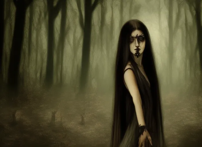 beautiful gothic vampire girl, long black hair, dance, insane, scary forest, dead trees, gothic church, surrealism art, The Sacrament art style