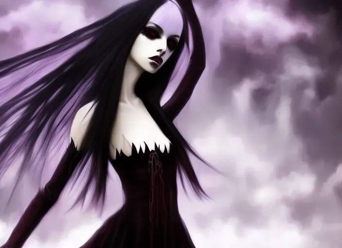 beautiful gothic vampire girl, long black hair, dance, insane,surrealism art, The Sacrament art style