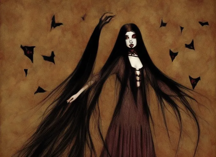 beautiful gothic vampire girl, long black hair, dance, insane,surrealism art, The Sacrament art style