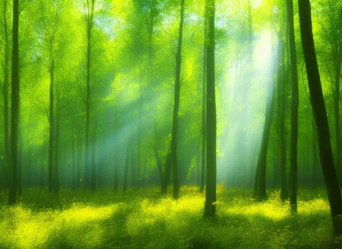 rain in a sunny forest- with rain drops falling to the ground. add rain drops falling to the ground