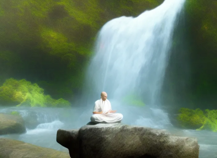 monk meditating in a waterfall 