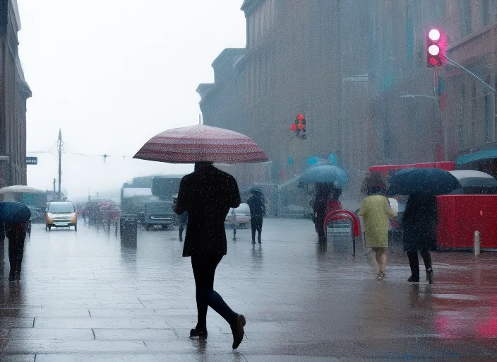 raining in busy downtown