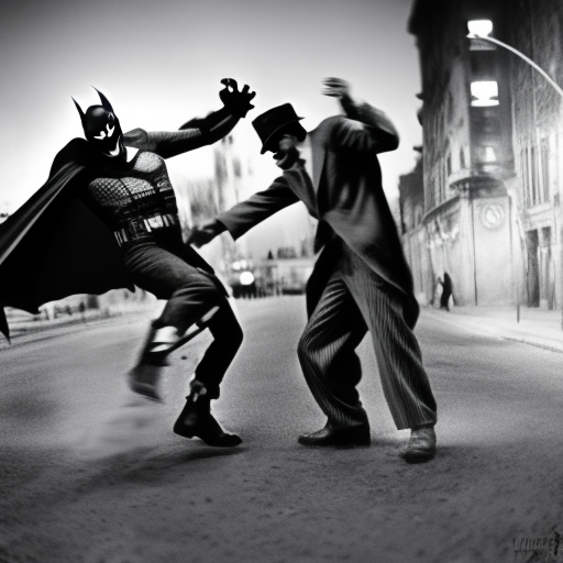 The Joker and Batman in endless battle, noir, black and white, grainy 35mm cinematic photo timelapse : 1