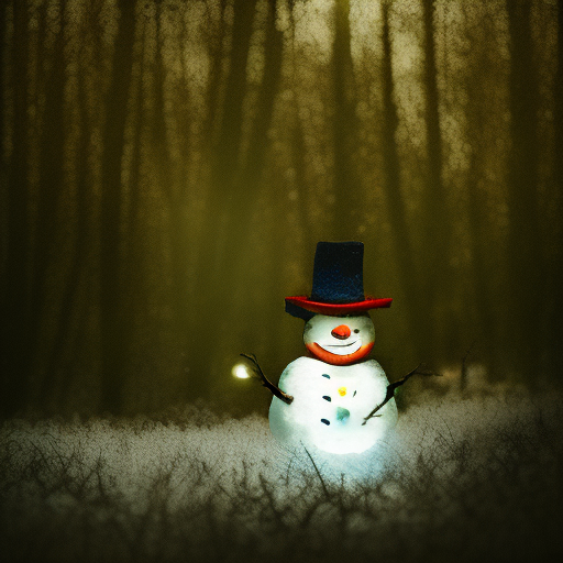 snowman in a forest, dramatic lighting, intricate details, cinematic