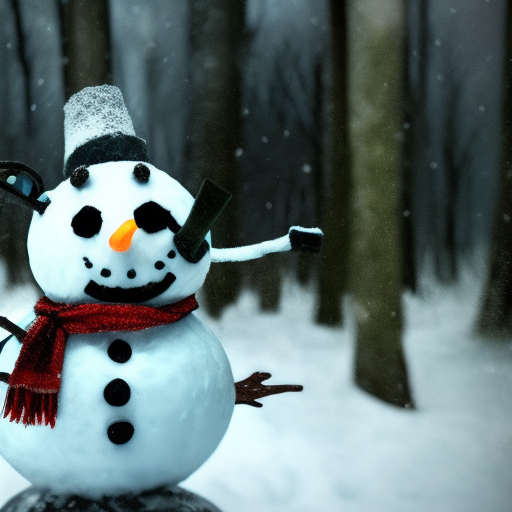snowman in a forest, dramatic lighting, intricate details, cinematic, spooky