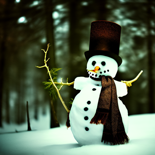 snowman in a forest, dramatic lighting, intricate details, cinematic, spooky