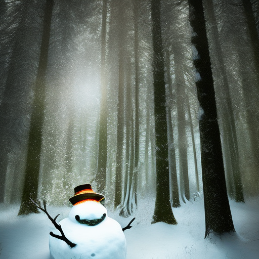 snowman in a forest, dramatic lighting, intricate details, cinematic, spooky
