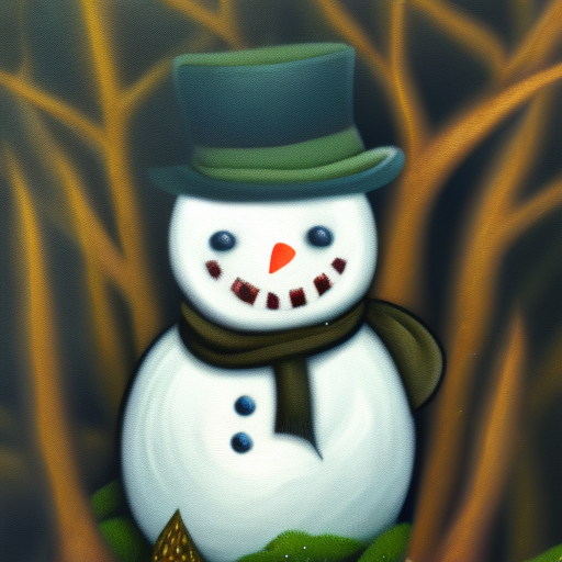 close up of snowman in a forest, dramatic lighting, intricate details, cinematic, spooky