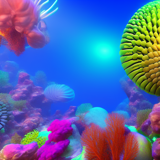 nautilus creature in colorful coral reef, luminescent 3d render