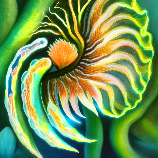 colorful bioluminescent nautilus alien plants 3d render detailed
