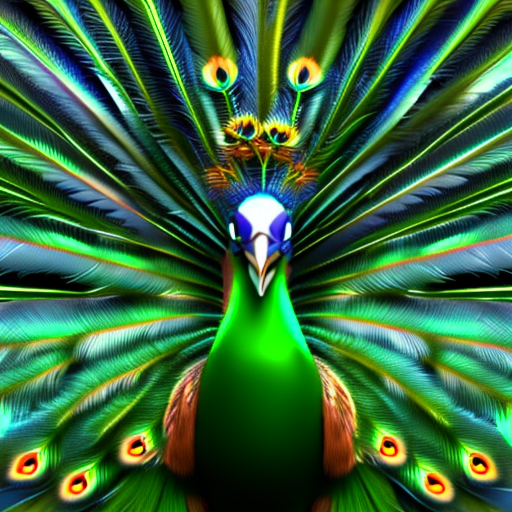 A very cute anthropomorphic majestic peacock with shimmering blue and green feathers and a regal crown.  octane render, 4k, 8k, hyperrealistic, concept art, unreal engine 5,  highly detailed, high quality, 8k, soft lighting, studio background, studio lighting
