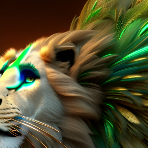 A very cute anthropomorphic majestic lion with peacock feathers with shimmering blue and green feathers and a regal crown.  octane render, 4k, 8k, hyperrealistic, concept art, unreal engine 5,  highly detailed, high quality, 8k, soft lighting, studio background, studio lighting