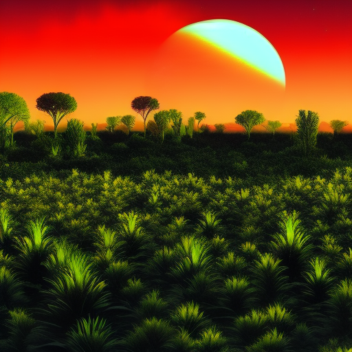 ringed planet rising on the horizon, alien landscape, colorful, luminescent, beautiful, unusual plants