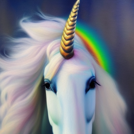 beautiful unicorn with rainbow mane closeup face, detailed magical realism painting