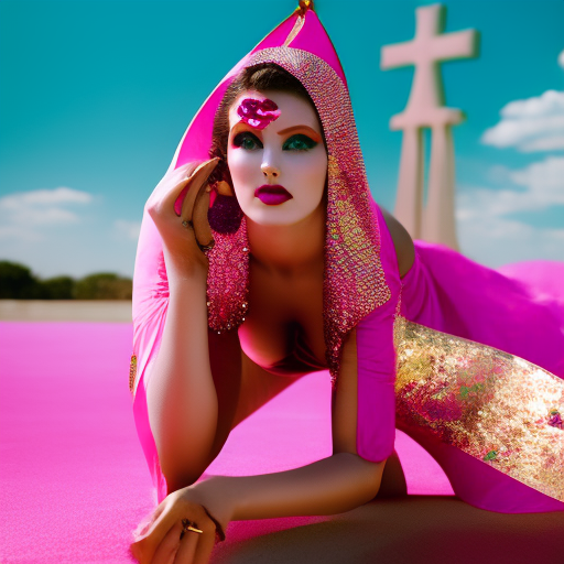 high concept fashion photo editorial tempting attractive beautiful gorgeous woman model pink plastic catholic martyr saint