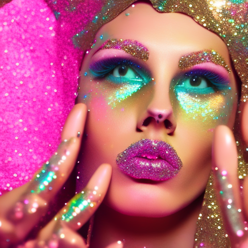 closeup high concept fashion photo editorial tempting attractive beautiful gorgeous woman model pink glitter sequin trippy disco 1970s style