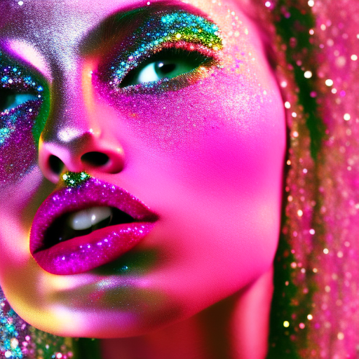 closeup high concept fashion photo editorial tempting attractive beautiful gorgeous woman model pink glitter sequin trippy disco 1970s style