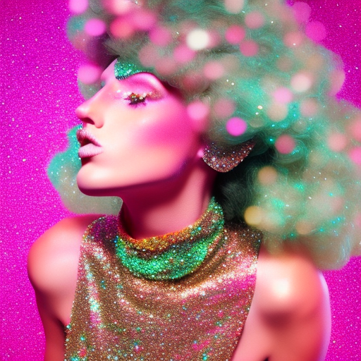 high concept fashion photo editorial detailed tempting attractive beautiful gorgeous woman model pink glitter sequin trippy disco 1970s style