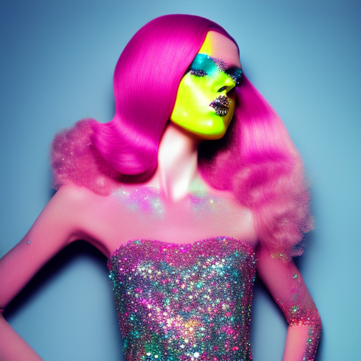 high concept fashion photo editorial detailed tempting attractive beautiful gorgeous woman model pink hair glitter sequin trippy disco 1970s style
