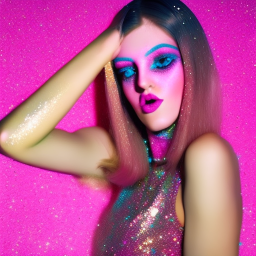 closeup high concept fashion photo editorial tempting attractive beautiful gorgeous woman model pink glitter sequin trippy disco 1970s style