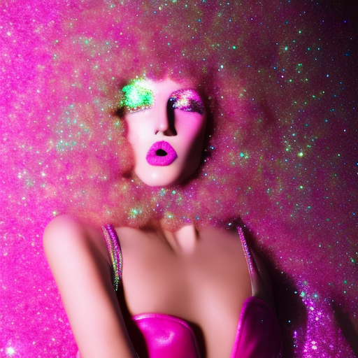 closeup high concept fashion photo editorial tempting attractive beautiful gorgeous woman model pink glitter sequin trippy disco 1970s style