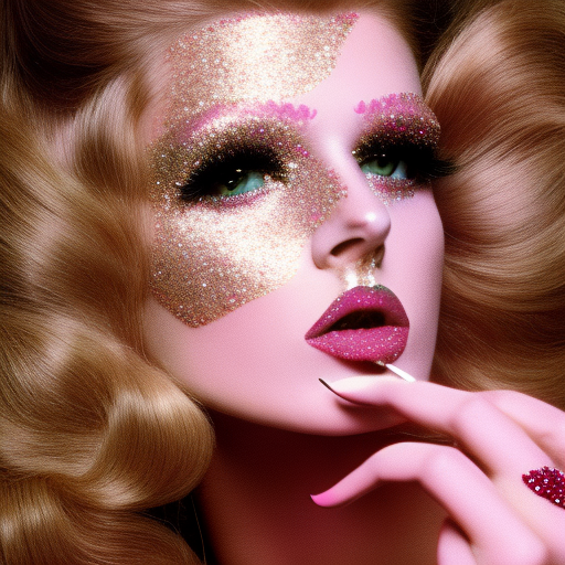 fashion photo 1970s fashion feminine detailed model woman glitter makeup soft pink colors,