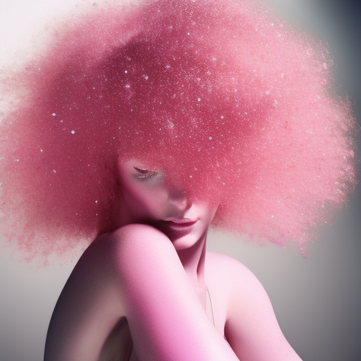 fashion photo 1970s fashion half-body view feminine detailed model woman pink hair pink glitter soft pink colors
