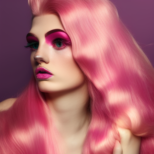 fashion photo 1970s fashion half-body view feminine detailed model woman long pink hair pink glitter soft pink colors