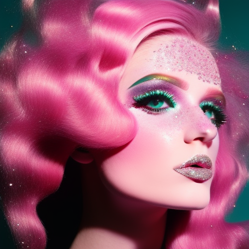 fashion photo, half-body view, feminine beautiful detailed face, model woman, pink hair, 1970s fashion, pink glitter soft pink colors