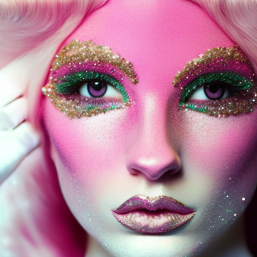 fashion photo, half-body view, feminine beautiful detailed face, model woman, pink glitter hair, 1970s fashion, pink glitter soft pink colors