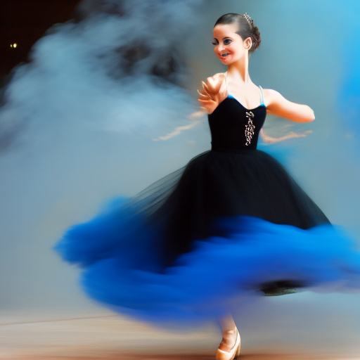 a dancing ballerina with blue whirling smoke and a black dress