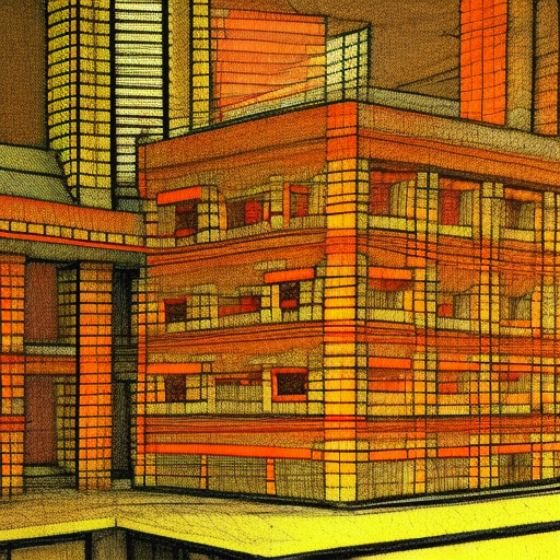 a very detailed architectural sketch of a modern building by frank lloyd wright on textured paper, windows bright with orange and yellow light color spilling on the floor