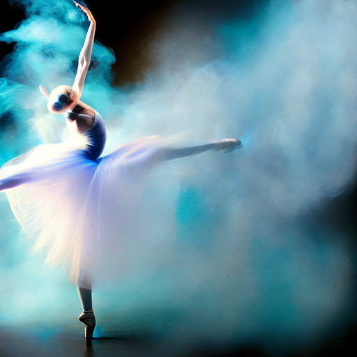 a dancing ballerina in whirling blue smoke, dazzling, cinematic lighting