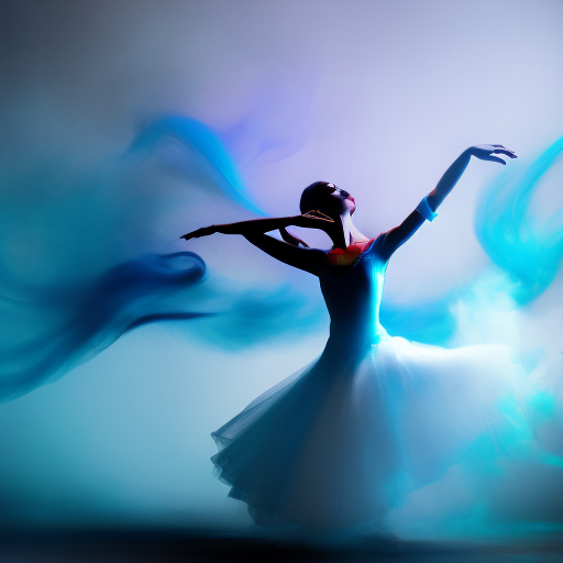 a dancing ballerina in whirling blue smoke, dazzling, cinematic lighting