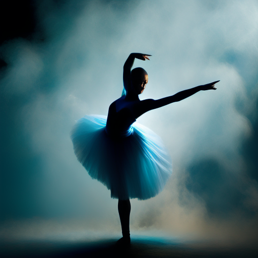 a dancing ballerina in whirling blue smoke, dazzling, cinematic lighting