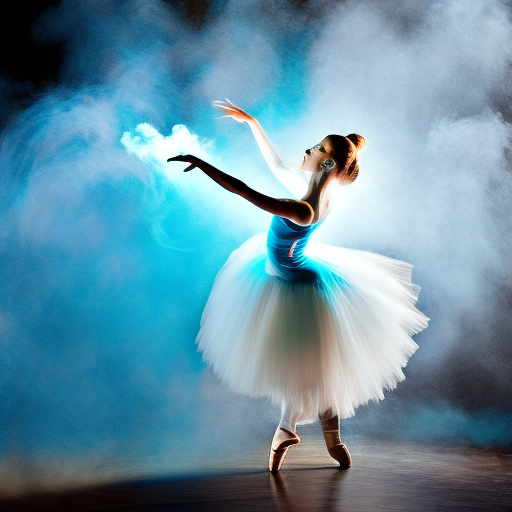 a dancing ballerina in whirling blue smoke, dazzling, cinematic lighting