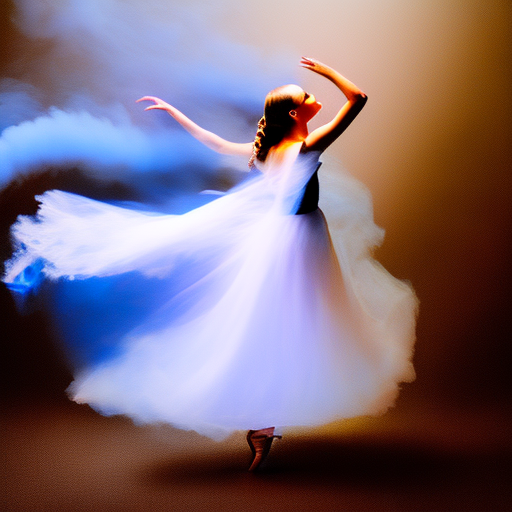 a dancing ballerina in whirling blue smoke, dazzling, cinematic lighting