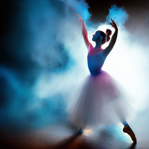 a dancing ballerina in whirling blue smoke, dazzling, cinematic lighting