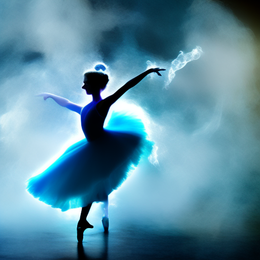 a dancing ballerina in whirling blue smoke, dazzling, cinematic lighting