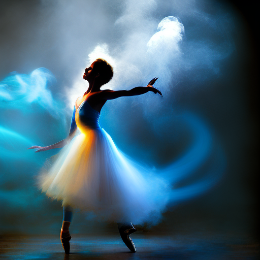 a dancing ballerina in whirling blue smoke, dazzling, cinematic lighting