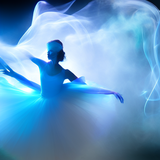 a dancing ballerina in whirling blue smoke, dazzling, cinematic lighting