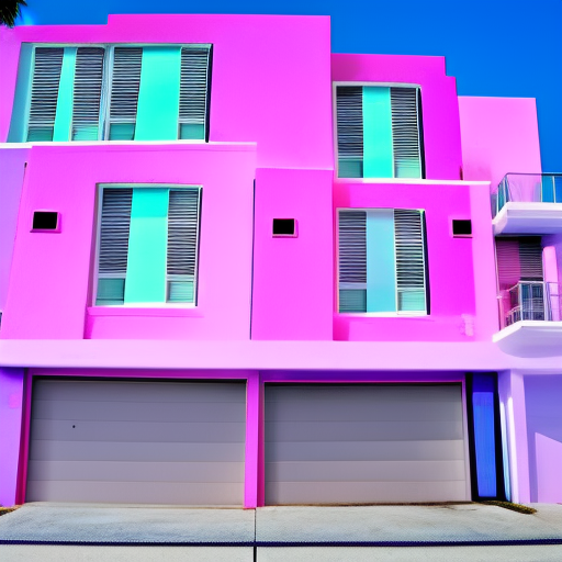 front view buildings apartments architecture south beach miami style chill pinks purples blues daytime