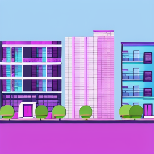 front view flat illustration vector buildings apartments architecture south beach miami style chill pinks purples blues daytime