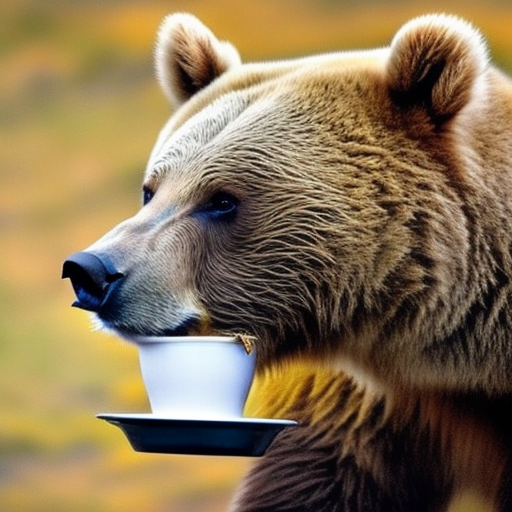 a cute bear drinking a cup of coffee in the mountains