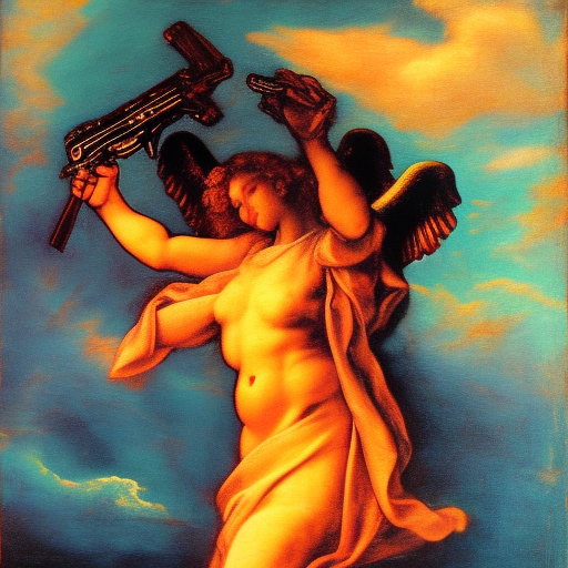 Angel holding a gun, neon clouds in background, Michelangelo style