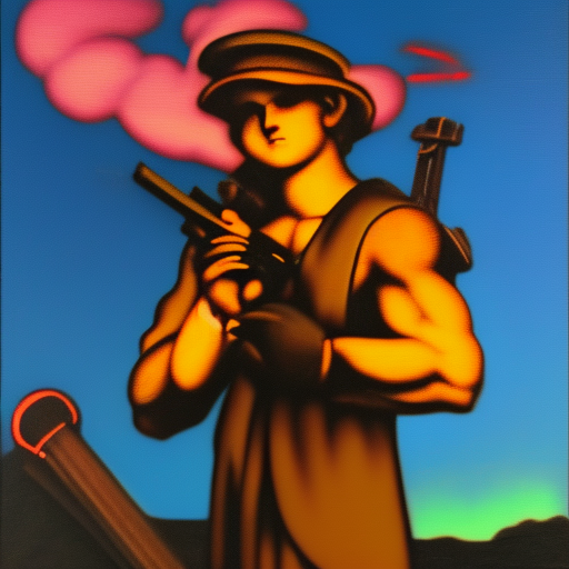 Angel holding a gun, neon clouds in background, Michelangelo style