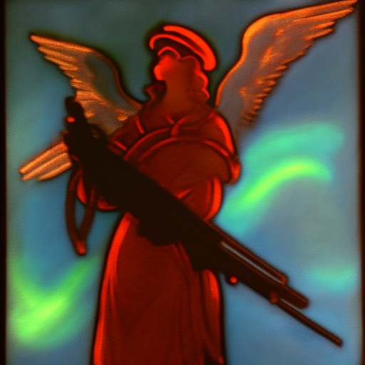 Angel holding a gun, neon clouds in background, Michelangelo style