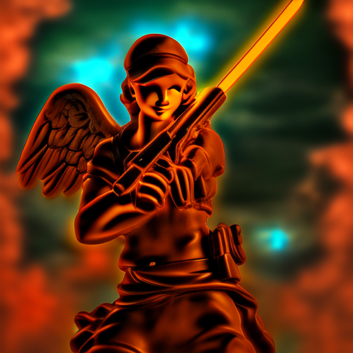 Angel holding a gun, neon clouds in background, Michelangelo style