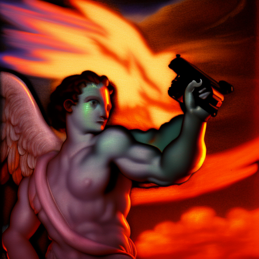 Angel holding a gun, neon clouds in background, Michelangelo style